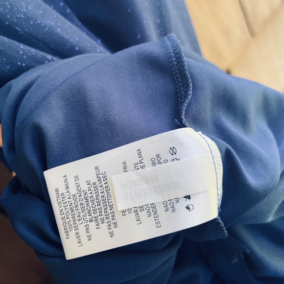 Alex Evening Sz12 Cold Shoulder Glitter Mesh Blue Dress Draped Skirt Cowl Neck - Picture 15 of 16